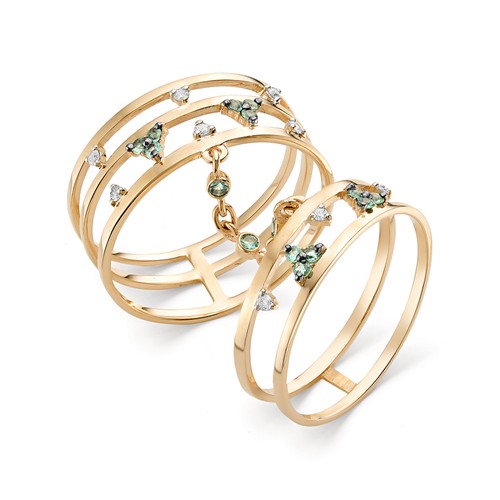 Двойное золотое кольцо на цепочке с изумрудами и бриллиантами